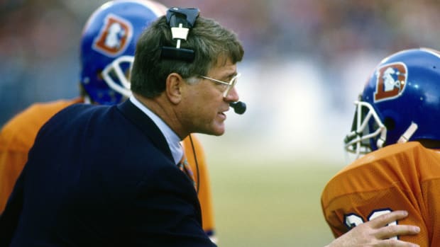 Denver Broncos head coach Dan Reeves on the sidelines against the Houston Oliers during the 1987 AFC Divisional Playoff Game at Mile High Stadium. The Broncos defeated the Oliers 34-10.