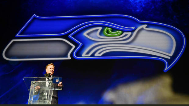 NFL: NFL Draft Apr 28, 2022; Las Vegas, NV, USA; NFL commissioner Roger Goodell announces Mississippi State offensive tackle Charles Cross as the ninth overall pick to the Seattle Seahawks during the first round of the 2022 NFL Draft at the NFL Draft Theater.