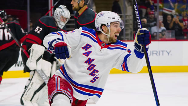 May 30, 2022; Raleigh, North Carolina, USA; New York Rangers center Filip Chytil (72) celebrates his goal against the Carolina Hurricanes during the third period in game seven of the second round of the 2022 Stanley Cup Playoffs at PNC Arena. Mandatory Credit: James Guillory-USA TODAY Sports