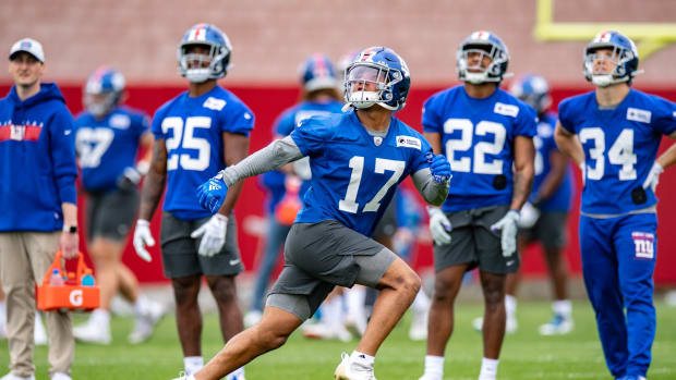 May 13, 2022; East Rutherford, NJ, USA; New York Giants wide receiver Wan'Dale Robinson (17) practices a drill during rookie camp at Quest Diagnostics Training Center.