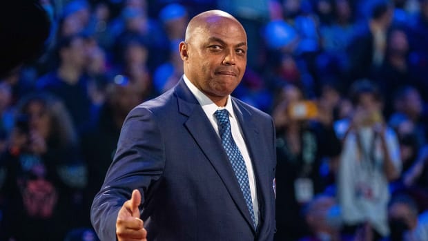 NBA great Charles Barkley is honored for being selected to the NBA 75th Anniversary Team during halftime in the 2022 NBA All-Star Game.