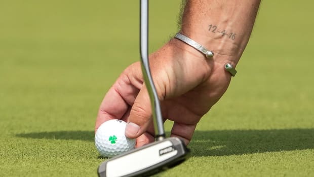 May 20, 2022; Tulsa, OK, USA; A detail view as Shane Lowry places his ball on the third green during the second round of the PGA Championship golf tournament at Southern Hills Country Club. Mandatory Credit: Michael Madrid-USA TODAY Sports