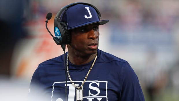 Jackson State head coach Deion Sanders walks up and down the sideline during the Southern Heritage Classic.