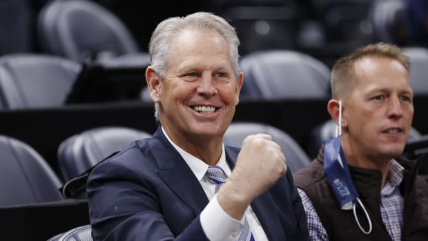 Danny Ainge watches pregame activities after he was Appointed Alternate Governor and CEO of Utah Jazz Basketball prior to their game against the LA Clippers at Vivint Arena.