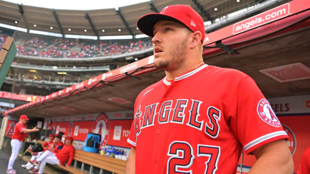 Mike Trout in the Angels dugout.