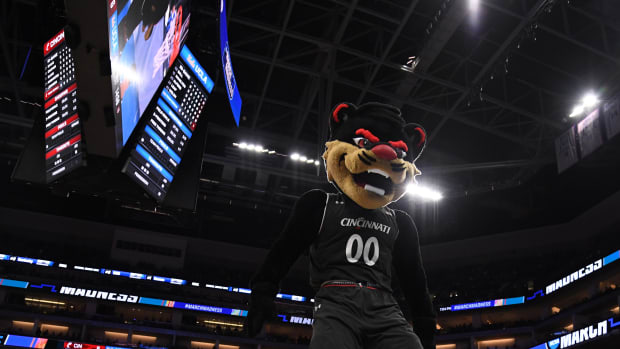 Mar 19, 2017; Sacramento, CA, USA; Cincinnati Bearcats mascot on the floor during the second round of the 2017 NCAA Tournament at Golden 1 Center. Mandatory Credit: Kyle Terada-USA TODAY Sports