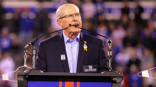Nov 14, 2016; East Rutherford, NJ, USA; Former New York Giants head coach Tom Coughlin speaks during his New York Giants Ring of Honor induction ceremony during the first half at MetLife Stadium.