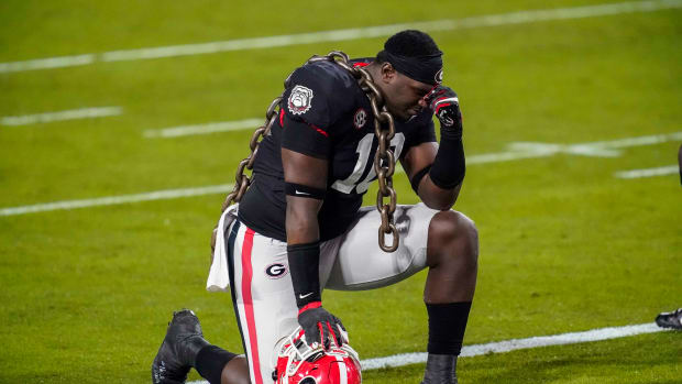 Nov 21, 2020; Athens, Georgia, USA; Georgia Bulldogs defensive lineman Malik Herring (10) shown on the field prior to the game against the Mississippi State Bulldogs at Sanford Stadium. Mandatory Credit: Dale Zanine-USA TODAY Sports