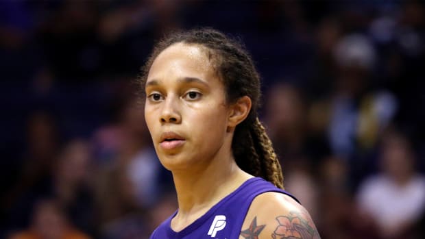 FILE - Phoenix Mercury center Brittney Griner pauses on the court during the second half of a WNBA basketball game against the Seattle Storm, Sept. 3, 2019, in Phoenix. The Biden administration has determined that Griner is being wrongfully detained in Russia, meaning the United States will more aggressively work to secure her release even as the legal case against her plays out, two U.S. officials said Tuesday, May 3, 2022.