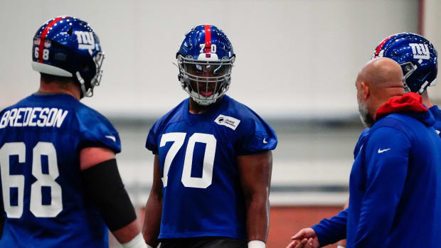 New York Giants rookie offensive lineman Evan Neal (70) on the field for organized team activities (OTAs) at the training center in East Rutherford on Thursday, May 19, 2022. Neal was a first-round draft pick for the Giants.