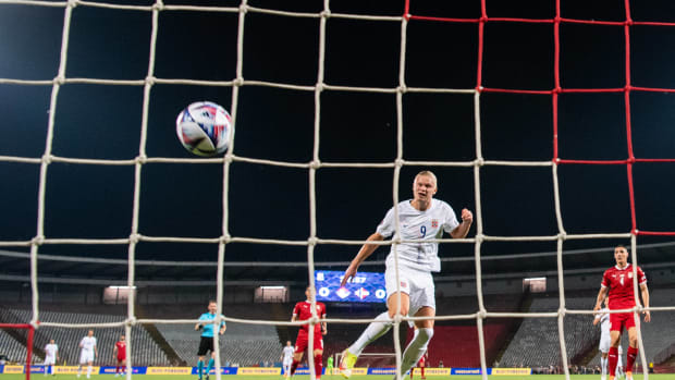 Erling Haaland pictured scoring for Norway against Serbia in their 2022/23 UEFA Nations League opening game