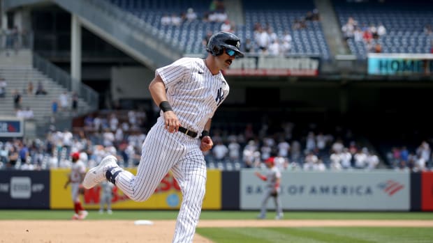 New York Yankees DH Matt Carpenter rounds bases on home run