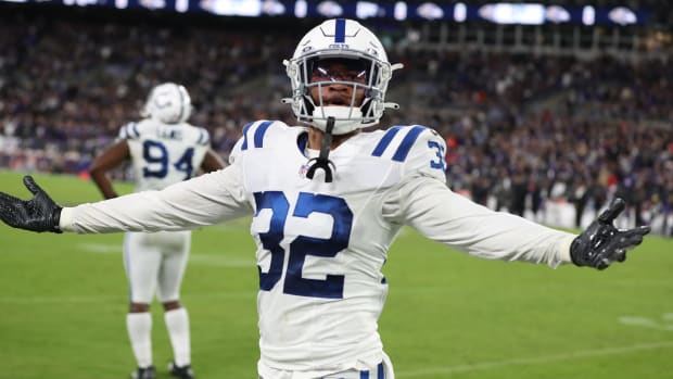Indianapolis Colts free safety Julian Blackmon (32) looks for cheers after his team picked up a Baltimore fumble Monday, Oct. 11, 2021, during the second half of Colts against Baltimore at M&T Bank Stadium for Monday Night Football.