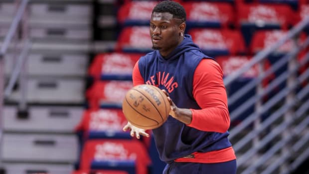 Apr 28, 2022; New Orleans, Louisiana, USA; New Orleans Pelicans forward Zion Williamson (1) during warm ups before game six against the Phoenix Suns of the first round for the 2022 NBA playoffs at Smoothie King Center. Mandatory Credit: Stephen Lew-USA TODAY Sports