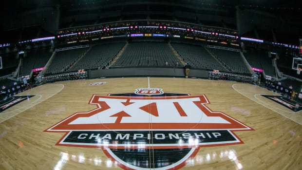 Mar 9, 2022; Kansas City, MO, USA; The Big 12 logo at center court prior to the game between the West Virginia Mountaineers and the Kansas State Wildcats at T-Mobile Center.