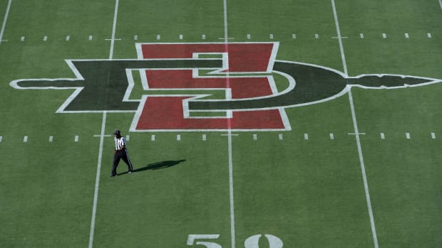 Sep 2, 2017; San Diego, CA, USA; A general view of the San Diego State Aztecs logo at midfield as an official walks across before the game against the UC Davis Aggies at San Diego Stadium.