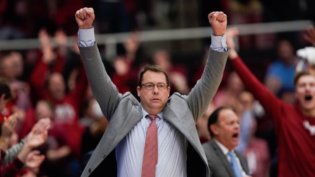 Stanford Cardinal head coach Jerod Haase reacts during the second half against the Washington Huskies at Maples Pavilion.