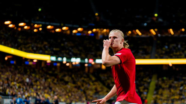 Erling Haaland pictured celebrating after scoring for Norway in a 2-1 win over Sweden in June 2022