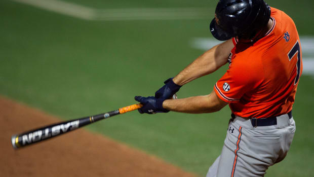 Auburn Tigers infielder Cole Foster (7) swings at the ball during the NCAA regional baseball tournament at Plainsman Park in Auburn, Ala., on Saturday, June 4, 2022. Auburn Tigers defeated Florida State Seminoles 21-7.