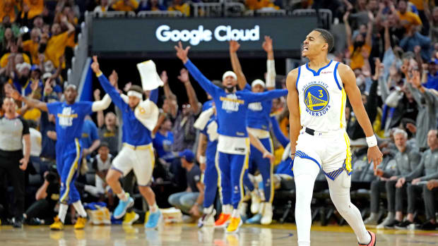 Jun 5, 2022; San Francisco, California, USA; Golden State Warriors guard Jordan Poole (3) reacts after making a last second shot at the end of the third quarter against the Boston Celtics during game two of the 2022 NBA Finals at Chase Center. Mandatory Credit: Kyle Terada-USA TODAY Sports
