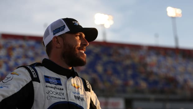 Unlike smiling earlier this year at Darlington, Ross Chastain isn't smiling much after the havoc he created in Sunday's Enjoy Illinois 300 at World Wide Technology Raceway near St. Louis. (Photo by James Gilbert/Getty Images)