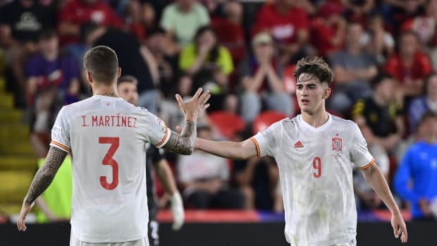 Inigo Martinez and Gavi (right) pictured celebrating a goal during Spain's 2-2 draw with the Czech Republic in June 2022