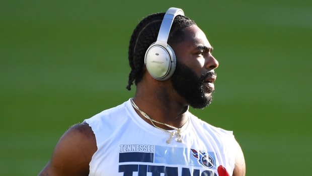 Tennessee Titans cornerback Malcolm Butler (21) warms up before the game against the Buffalo Bills at Nissan Stadium.