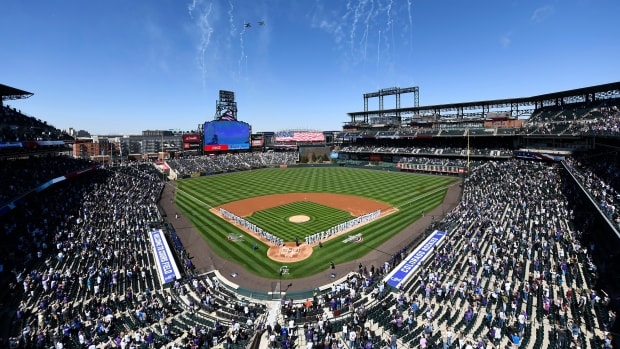 Aerial view of Coors Field, home of the Colorado Rockies baseball team, prior to an MLB game