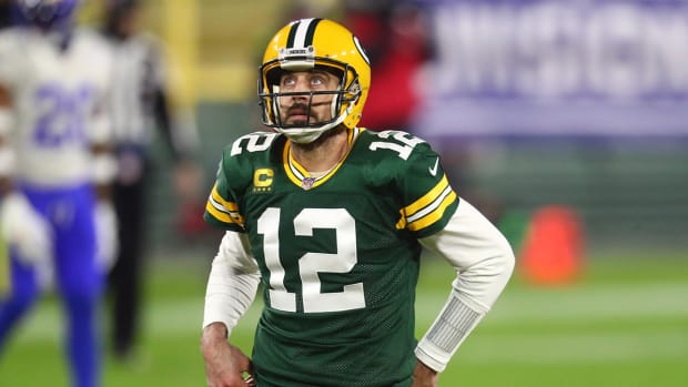 Aaron Rodgers on the field with the Packers.