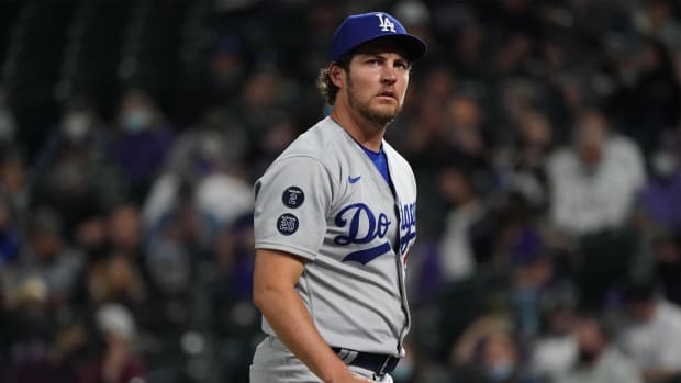 Dodgers righthander Trevor Bauer looks on during a game.