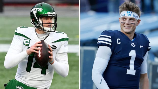 Sam Darnold prepares to throw a pass for the Jets, and BYU draft prospect Zach Wilson