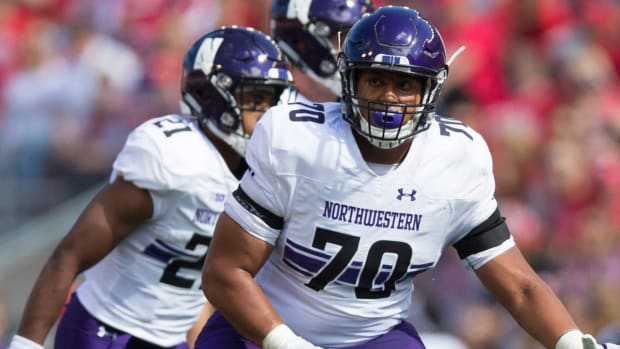 Northwestern Wildcats offensive lineman Rashawn Slater (70) during the game against the Wisconsin Badgers at Camp Randall Stadium.