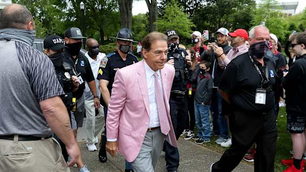 Apr 17, 2021; Tuscaloosa, Alabama, USA; Alabama head coach Nick Saban arrives at the Denny Chimes on A-Day to speak at the ceremony enshrining the permanent captains from the 2020 and 2021 University of Alabama football teams.