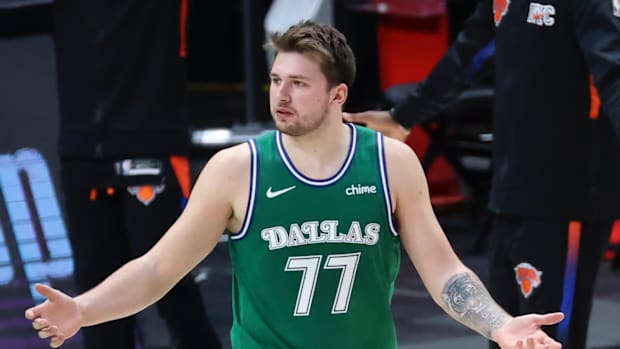 Luka Doncic reacts on the court