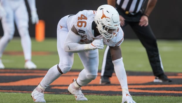 Oct 31, 2020; Stillwater, Oklahoma, USA; Texas Longhorns linebacker Joseph Ossai (46) waits on the snap during the third quarter of the game agains the Oklahoma State Cowboys at Boone Pickens Stadium. Mandatory Credit: Texas won 41-34. Brett Rojo-USA TODAY Sports