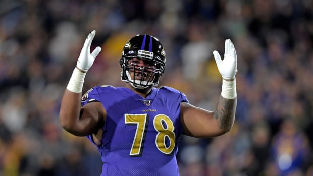 Nov 25, 2019; Los Angeles, CA, USA; Baltimore Ravens offensive tackle Orlando Brown (78) reacts against the Los Angeles Rams during the first half at Los Angeles Memorial Coliseum. Mandatory Credit: Kirby Lee-USA TODAY Sports