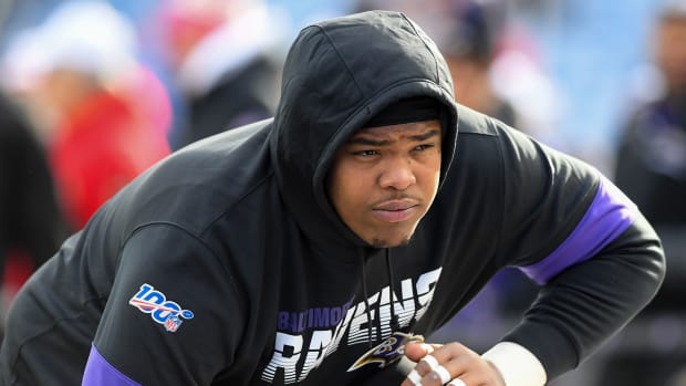 Dec 8, 2019; Orchard Park, NY, USA; Baltimore Ravens offensive tackle Orlando Brown (78) warms up prior to the game against the Buffalo Bills at New Era Field. Mandatory Credit: Rich Barnes-USA TODAY Sports