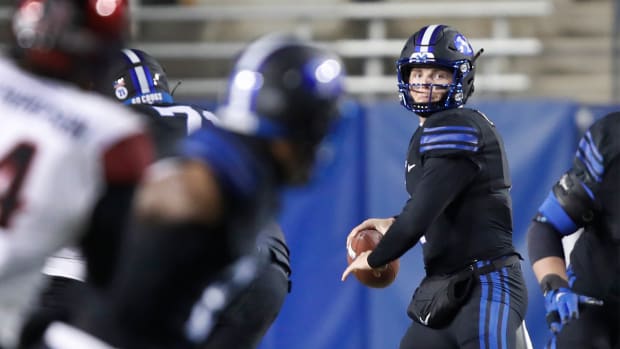 Dec 12, 2020; Provo, UT, USA; BYU quarterback Zach Wilson (1) looks to throw the ball in the first half, of an NCAA college football game against San Diego State Saturday, Dec. 12, 2020, in Provo, Utah.