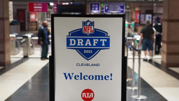 Apr 28, 2021; Cleveland, Ohio, USA; Signage promoting the 2021 NFL Draft at the Tower City Public Square rapid transit station in downtown.