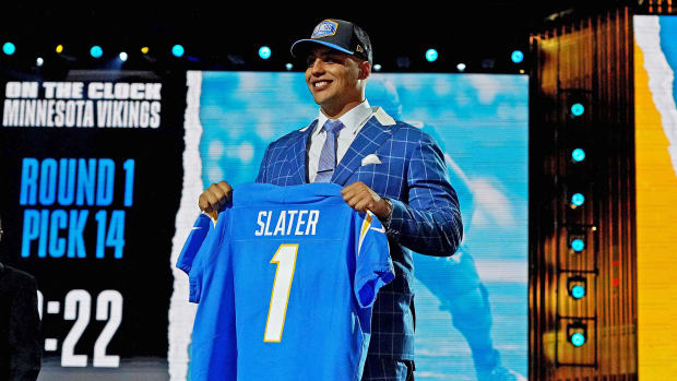 Northwestern's Rashawn Slater poses after being drafted by the Chargers