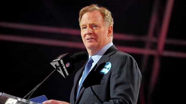 NFL commissioner Roger Goodell announces the final pick of the 2021 NFL Draft for the Tampa Bay Buccaneers at First Energy Stadium.
