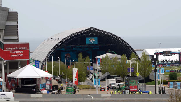 A general view of the 2021 NFL Draft stage with the Jacksonville Jaguars logo on the video board prior to the first pick at FirstEngergy Stadium with Lake Erie as a backdrop.