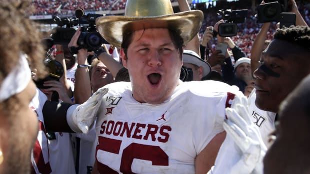 Oct 12, 2019; Dallas, TX, USA; Oklahoma Sooners offensive lineman Creed Humphrey (56) wears the Golden Hat after the game against the Texas Longhorns at the Cotton Bowl. Mandatory Credit: Kevin Jairaj-USA TODAY Sports