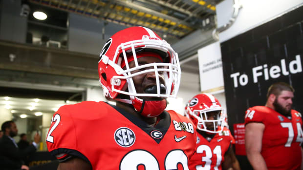Georgia Bulldogs linebacker Monty Rice (32) against the Alabama Crimson Tide in the 2018 CFP national championship college football game at Mercedes-Benz Stadium.