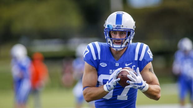 Oct 3, 2020; Durham, North Carolina, USA; Duke Blue Devils tight end Noah Gray (87) makes a catch during warm ups before playing against the Virginia Tech Hokies at Wallace Wade Stadium. Mandatory Credit: Nell Redmond-USA TODAY Sports