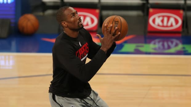 Jan 31, 2021; New York, New York, USA; LA Clippers center Serge Ibaka (9) warms up before a game against the New York Knicks at Madison Square Garden. Mandatory Credit: Brad Penner-USA TODAY Sports