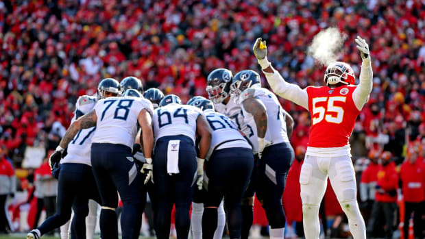 Jan 19, 2020; Kansas City, Missouri, USA; Kansas City Chiefs defensive end Frank Clark (55) reacts after a play during the first quarter against the Tennessee Titans in the AFC Championship Game at Arrowhead Stadium. Mandatory Credit: Jay Biggerstaff-USA TODAY Sports