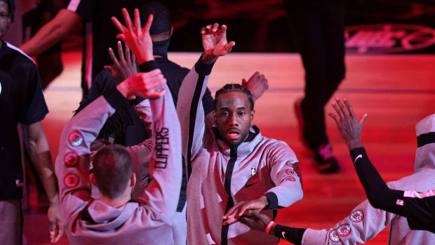 May 6, 2021; Los Angeles, California, USA; LA Clippers forward Kawhi Leonard (2) is introduced before the game against the Los Angeles Lakers in the first half at Staples Center. Mandatory Credit: Kirby Lee-USA TODAY Sports