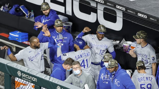 May 14, 2021; Chicago, Illinois, USA; Kansas City Royals first baseman Carlos Santana (41) celebrates with teammates after hitting a solo home run against the Chicago White Sox during the third inning of the second game of a doubleheader at Guaranteed Rate Field. Mandatory Credit: Kamil Krzaczynski-USA TODAY Sports