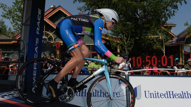 BRECKENRIDGE, CO - AUGUST 21: Pro racer Gwen Inglis, was first to head down the start ramp for the inaugural Women's USA Pro Challenge time trial race August 21, 2015.